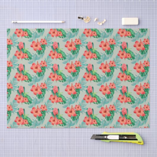 Red Tropical Floral on Sage Seidenpapier (Handwerk)