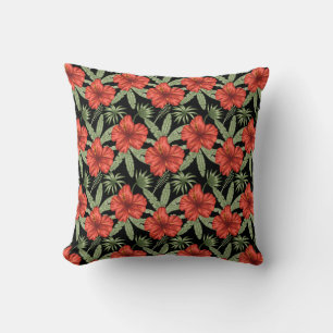 Red tropical flowers seamless pattern green leaves kissen