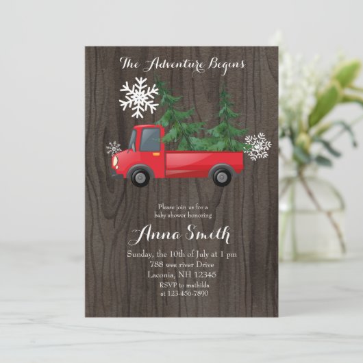 Red Truck Adventure Rustic Baby Shower Einladung (Stehend Vorderseite)