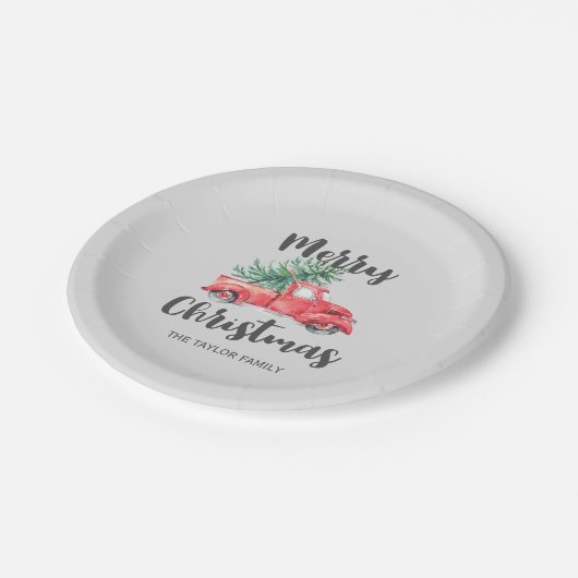 Red Truck and Tree Frohe Weihnachten Party Pappteller (Schrägansicht)