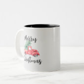 Red Truck and Tree Frohe Weihnachten Zweifarbige Tasse (Vorderseite Links)