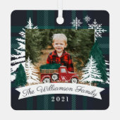 Red Truck Christmas Tree Delivery Navy Pläd Ornament Aus Metall (Rückseite)