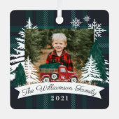 Red Truck Christmas Tree Delivery Navy Pläd Ornament Aus Metall (Vorderseite)