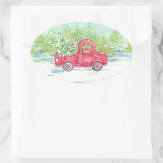 Red Truck Country Weihnachtskleber Ovaler Aufkleber (Tasche)