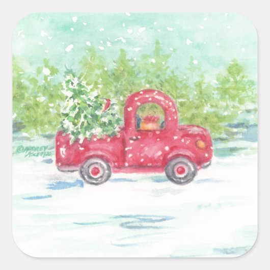 Red Truck Country Weihnachtskleber Quadratischer Aufkleber (Vorderseite)