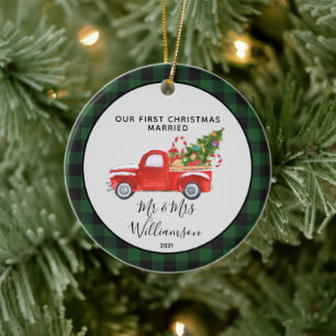 Red Truck Erstes Weihnachtsfest Verheiratet Buffal Keramik Ornament