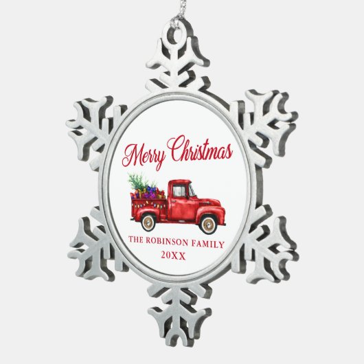 Red Truck Frohe Weihnachtsbaum Geschenke Jahr Schneeflocken Zinn-Ornament (Rechts)