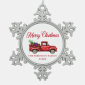 Red Truck Frohe Weihnachtsbaum Geschenke Jahr Schneeflocken Zinn-Ornament (Vorderseite)