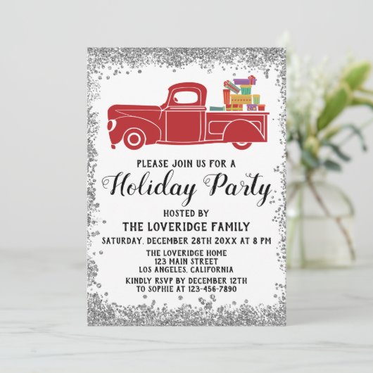 Red Truck Geschenke Weihnachtsfeier Silver Einladung (Stehend Vorderseite)