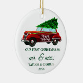 Red Truck Green Brush Script Erste Weihnachtsfeier Keramik Ornament (Rechts)
