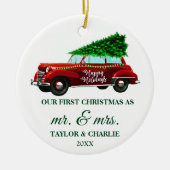 Red Truck Green Brush Script Erste Weihnachtsfeier Keramik Ornament (Vorne)