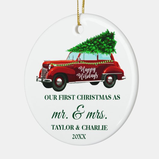 Red Truck Green Brush Script Erste Weihnachtsfeier Keramik Ornament (Links)