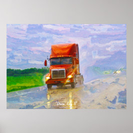 Red Truck Highway Driving in the Rain Art Poster 4