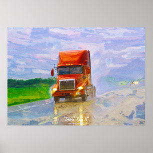 Red Truck Highway Driving in the Rain Art Poster 4