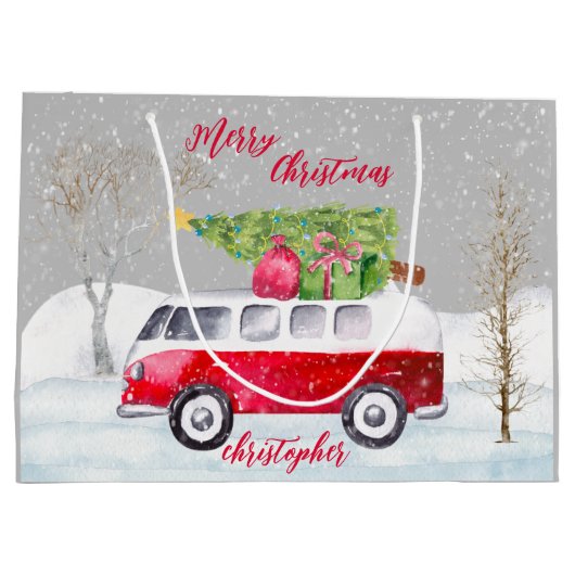 Red Truck Merry Christmas Gray Große Geschenktüte (Rückseite)