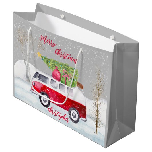 Red Truck Merry Christmas Gray Große Geschenktüte (Vorderseite Schrägansicht)