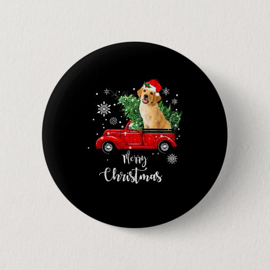 Red Truck Merry Christmas Tree Golden Retriever Ch Button (Vorderseite)