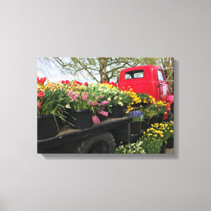Red Truck mit Frühlingsblumen & Regenbogen Leinwanddruck