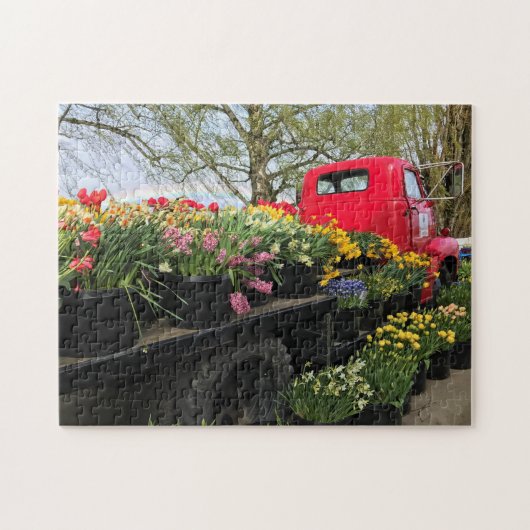 Red Truck mit Frühlingsblumen & Regenbogen Puzzle (Horizontal)
