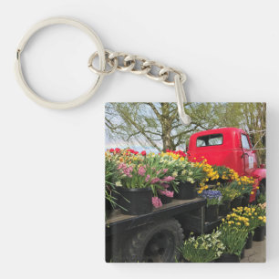 Red Truck mit Frühlingsblumen & Regenbogen Schlüsselanhänger