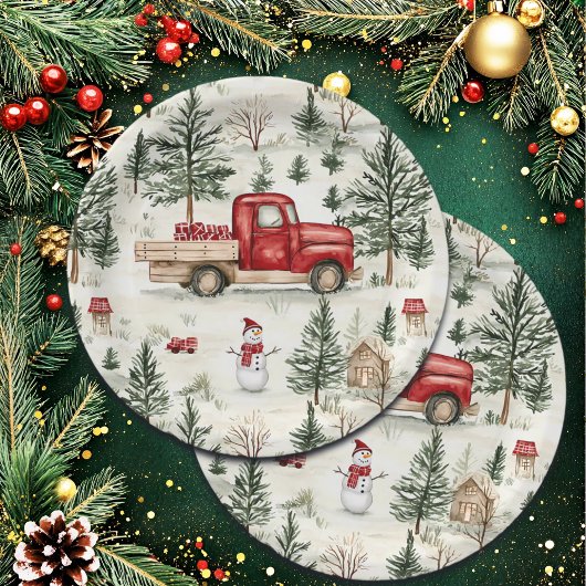Red Truck mit Geschenken und Schneemann Pappteller