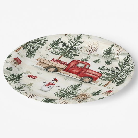 Red Truck mit Geschenken und Schneemann Pappteller (Schrägansicht)