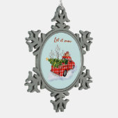Red Truck mit Weihnachtsbaum Schneeflocken Zinn-Ornament (Links)
