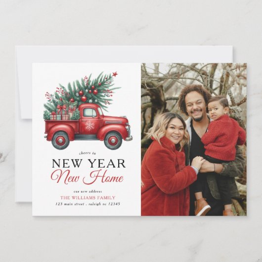 Red Truck New Year New Zuhause Foto Holiday Moving Ankündigung (Vorderseite)