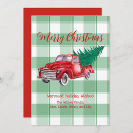 Red Truck Pine Tree Merry Christmas Green Gingham Feiertagskarte