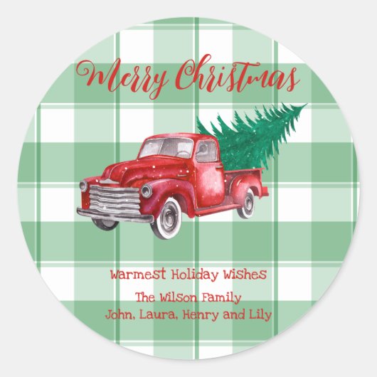 Red Truck Pine Tree Merry Christmas Green Gingham Runder Aufkleber (Vorderseite)