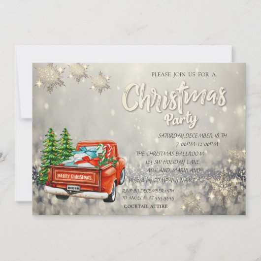 Red Truck Pine Trees Bokeh Schneeflocken Weihnacht Einladung (Vorderseite)