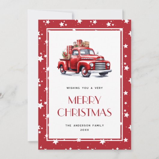 Red Truck Snow Stars Frohe Weihnachtskarten Feiertagskarte (Vorderseite)