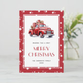 Red Truck Snow Stars Frohe Weihnachtskarten Feiertagskarte (Stehend Vorderseite)