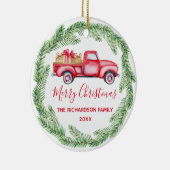 Red Truck Tree 2021 Frohe Weihnachtsfeier Foto Keramik Ornament (Rechts)