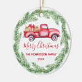 Red Truck Tree 2021 Frohe Weihnachtsfeier Foto Keramik Ornament (Links)