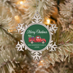 Red Truck Tree Geschenke Frohe Weihnachtsname Jahr Schneeflocken Zinn-Ornament