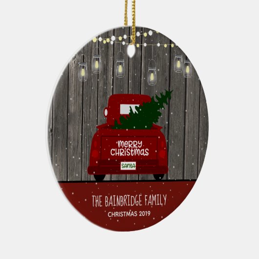 Red Truck und Mason Jar Lights Familienname Holida Keramik Ornament (Rechts)