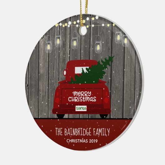 Red Truck und Mason Jar Lights Familienname Holida Keramik Ornament (Links)