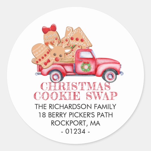 Red Truck Weihnachts-Rücksendeadresse Runder Aufkleber (Vorderseite)