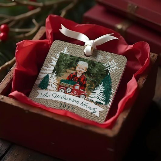 Red Truck Weihnachtsbaum Delivery Burlap Foto Ornament Aus Metall