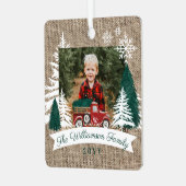 Red Truck Weihnachtsbaum Delivery Burlap Foto Ornament Aus Metall (Vorderseite links)
