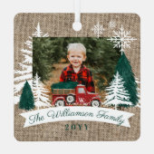 Red Truck Weihnachtsbaum Delivery Burlap Foto Ornament Aus Metall (Rückseite)