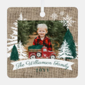 Red Truck Weihnachtsbaum Delivery Burlap Foto Ornament Aus Metall (Vorderseite)