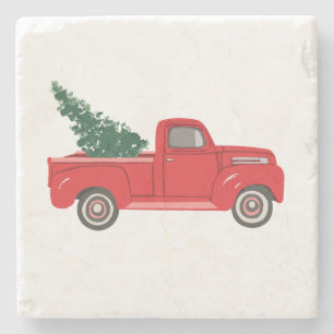Red Truck Weihnachtsbaum Marble Stone Untersetzer