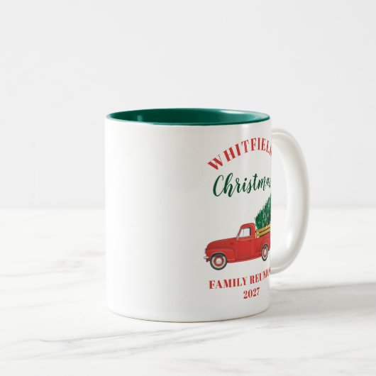 Red Truck Weihnachtsfamilie Wiedersehen Custom Zweifarbige Tasse (VorderseiteRechts)