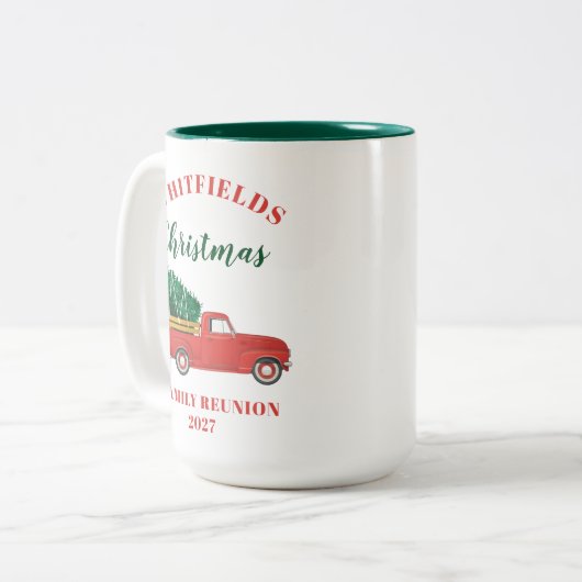 Red Truck Weihnachtsfamilie Wiedersehen Custom Zweifarbige Tasse (Vorderseite Links)
