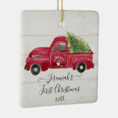 Red Truck White Wood Baby1st Weihnachtsbaum Foto Keramikornament (Rechts)