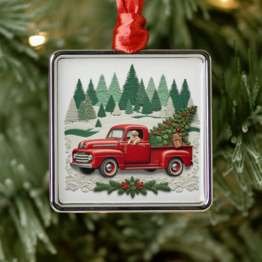 Red Truck with Christmas Tree Ornament Aus Metall (Baum)