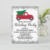 Red Truck Xmas Tree Weihnachtsfeier Silber Einladung (Stehend Vorderseite)