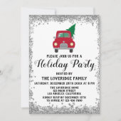 Red Truck Xmas Tree Weihnachtsfeier Silber Einladung (Vorderseite)